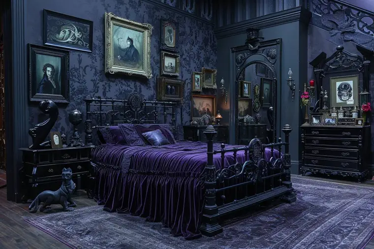 Chambre gothique fantaisiste avec mur sombre, lit noir et textiles bordeaux
