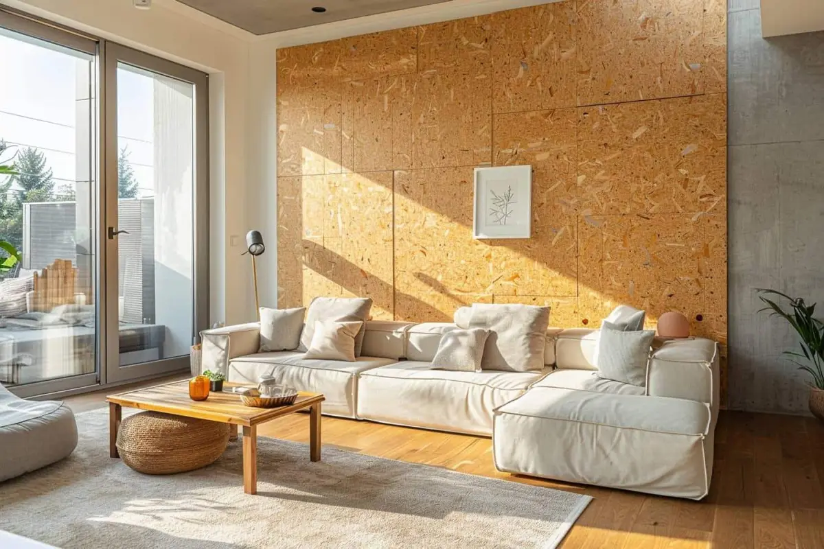 Mur d’accent en OSB verni dans un salon contemporain lumineux