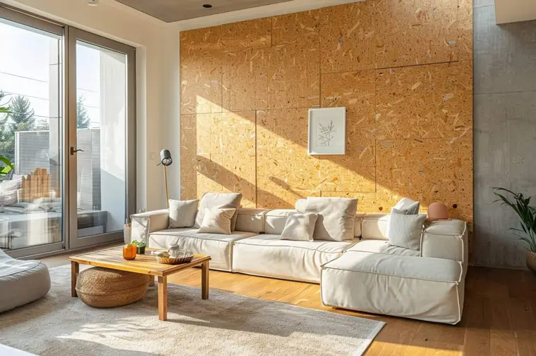Mur d’accent en OSB verni dans un salon contemporain lumineux