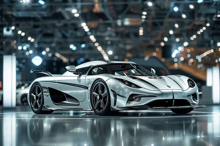 Hypercar en carbone blanc argenté stationnée dans un garage moderne