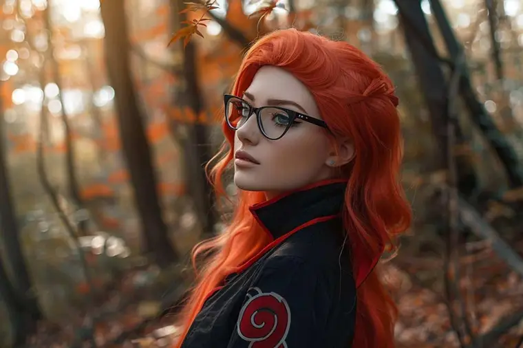 Jeune kunoichi rousse à lunettes dans un couloir de pierre sombre