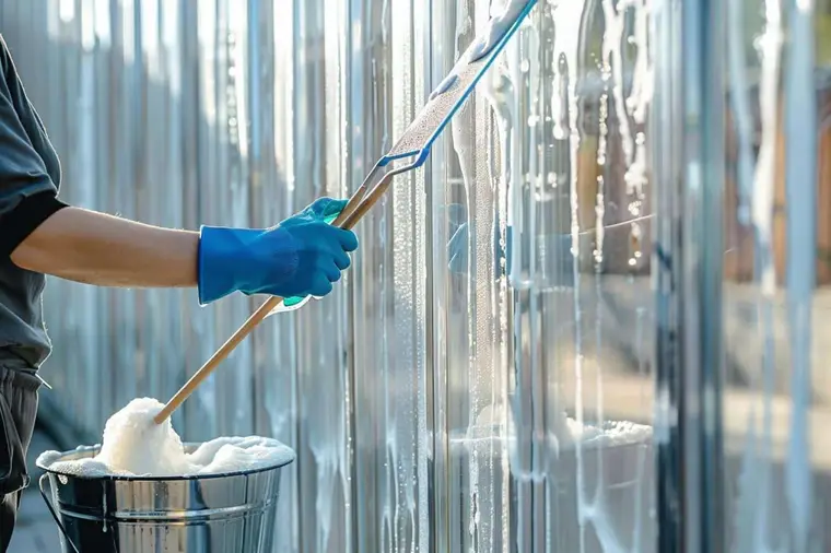 Nettoyage d’un cadre de baie vitrée coulissante en aluminium avec microfibre