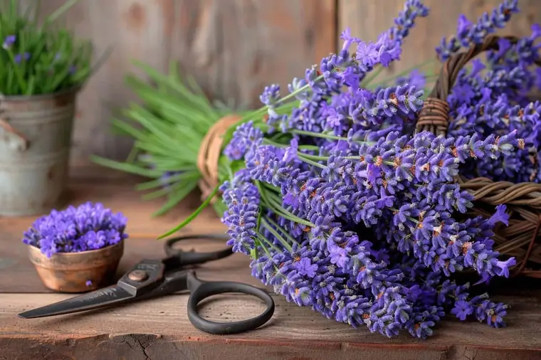 Mains réalisant une tresse avec des tiges de lavande fraîche