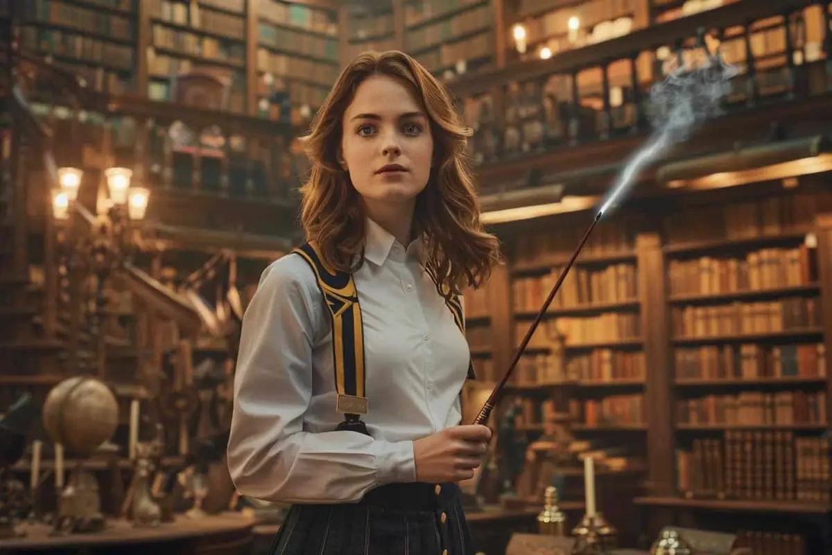 Jeune femme brune tenant des livres dans une grande bibliothèque ancienne