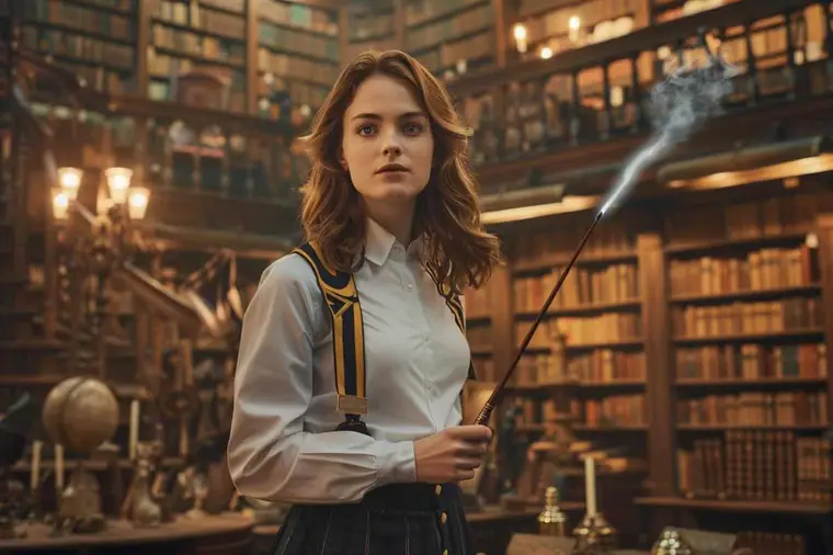 Jeune femme brune tenant des livres dans une grande bibliothèque ancienne