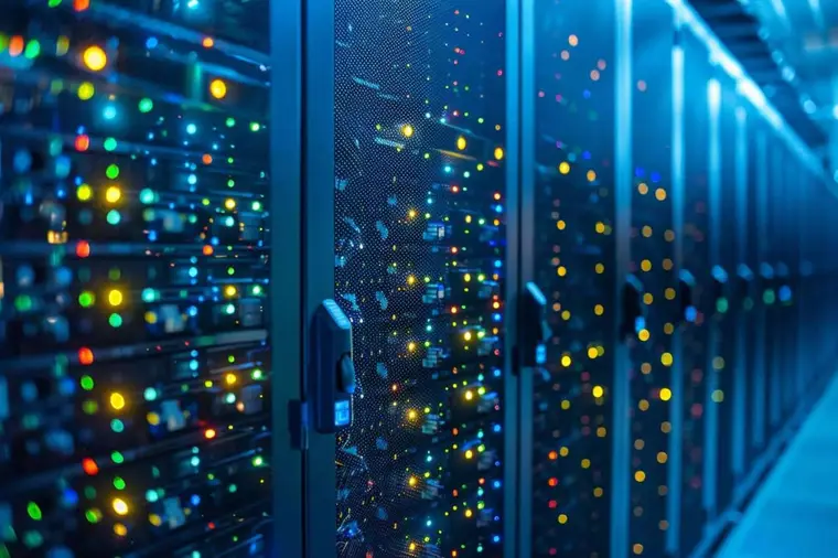 Administrateur vérifiant un serveur de messagerie collaborative dans une baie informatique