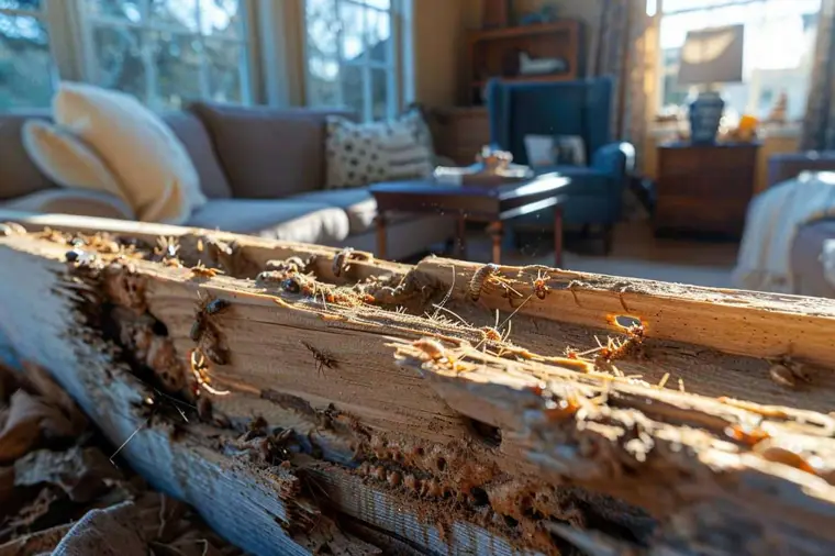 Professionnel examinant un cordonnet de termites au bas d’un mur intérieur