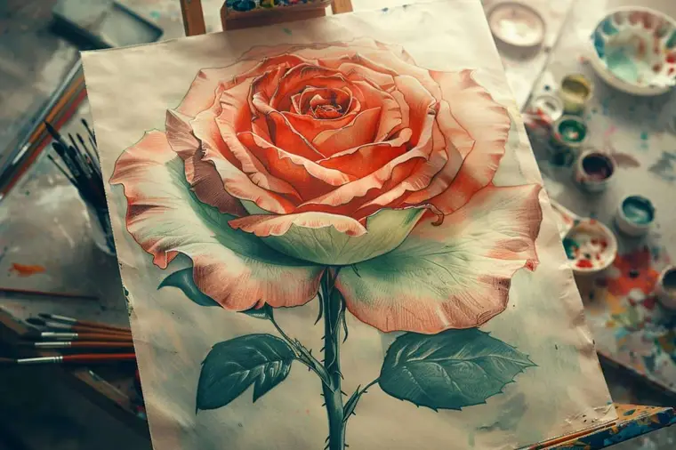 Main dessinant une rose au crayon sur un carnet blanc