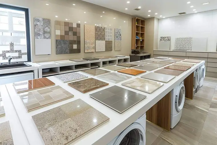 Sol de buanderie en grès cérame mat avec lave-linge et sèche-linge