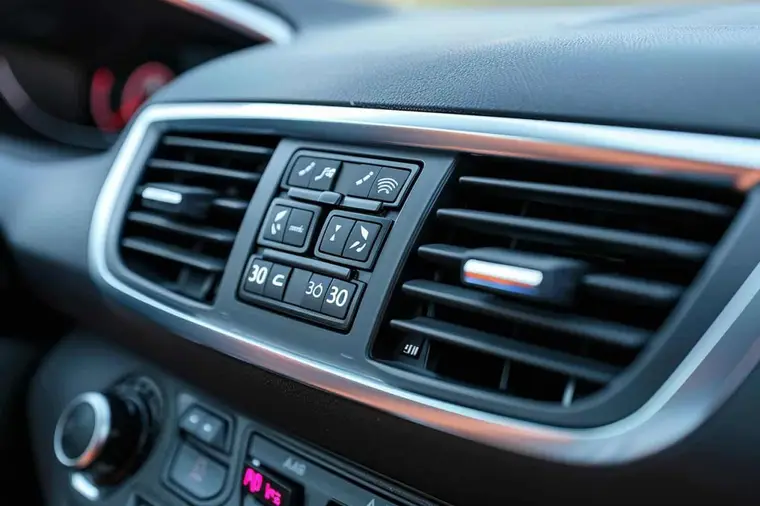 Conducteur réglant la ventilation d’une voiture compacte par temps chaud