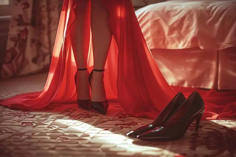 Robe midi rouge avec escarpins nude, noirs et sandales métalliques au sol