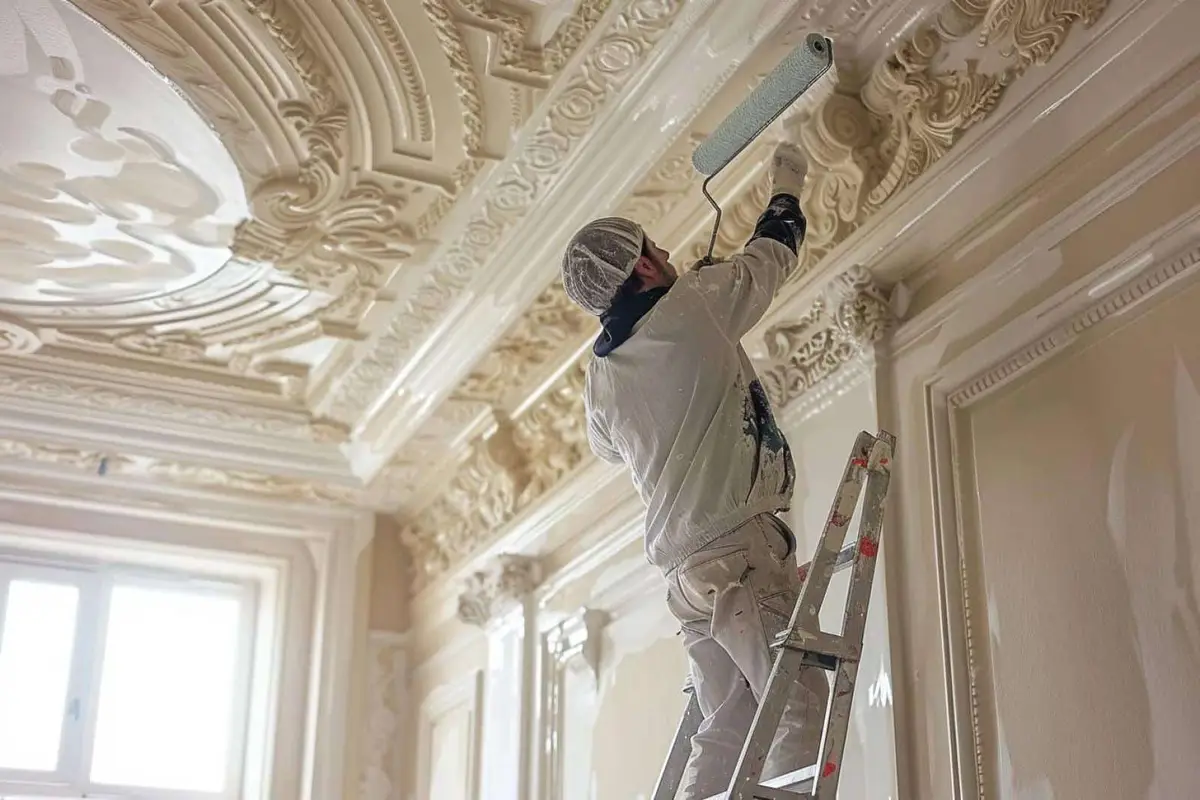 Personne appliquant la dernière passe de rouleau sur un plafond blanc