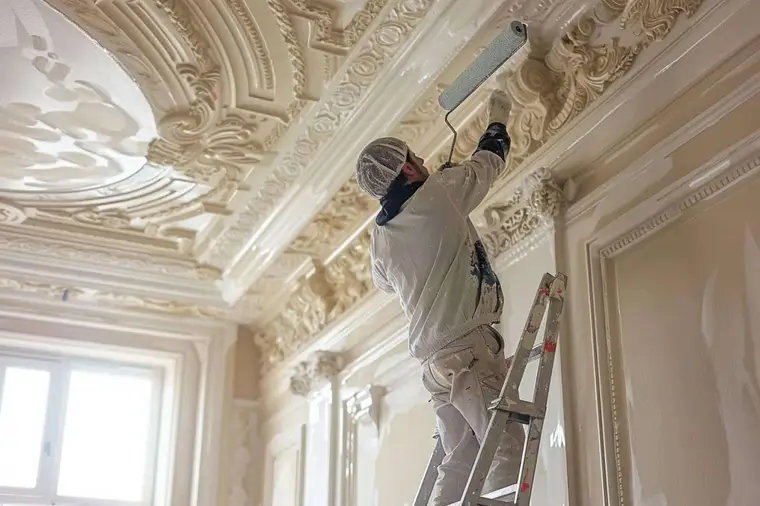 Personne appliquant la dernière passe de rouleau sur un plafond blanc