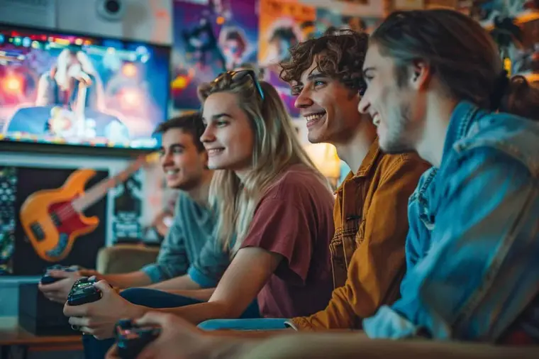 Quatre amis dansent devant un téléviseur dans un salon dégagé