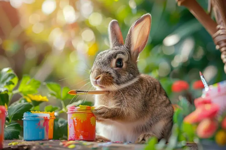 Enfant coloriant un grand lapin avec crayons et gommettes sur une table