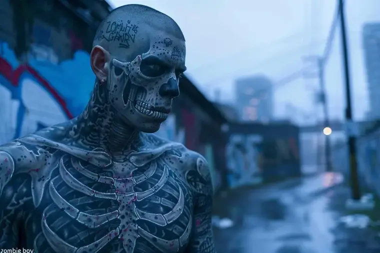 Mannequin anonyme aux tatouages anatomiques posant dans un studio sombre