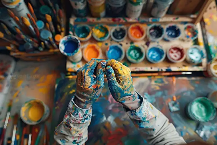 Personne portant des gants et appliquant une coloration au pinceau