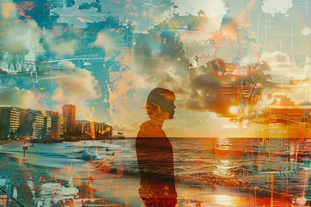 Photographe cadrant le reflet d’immeubles dans une flaque au lever du soleil