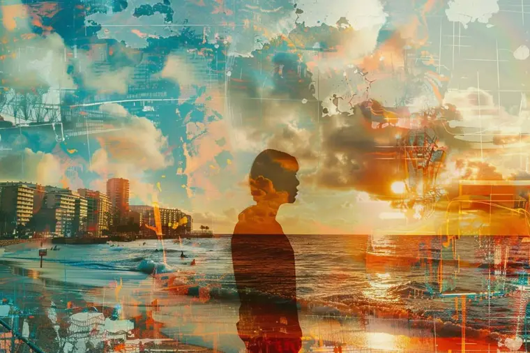 Photographe cadrant le reflet d’immeubles dans une flaque au lever du soleil