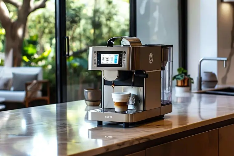 Machine à café à grains préparant un espresso dans une cuisine lumineuse