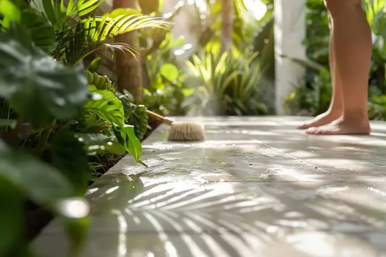 Nettoyage manuel de joints gris sur une terrasse carrelée avec brosse nylon