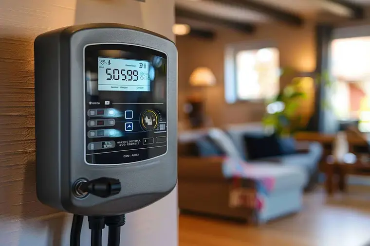Compteur électrique domestique près d’une cuisine équipée dans un appartement français