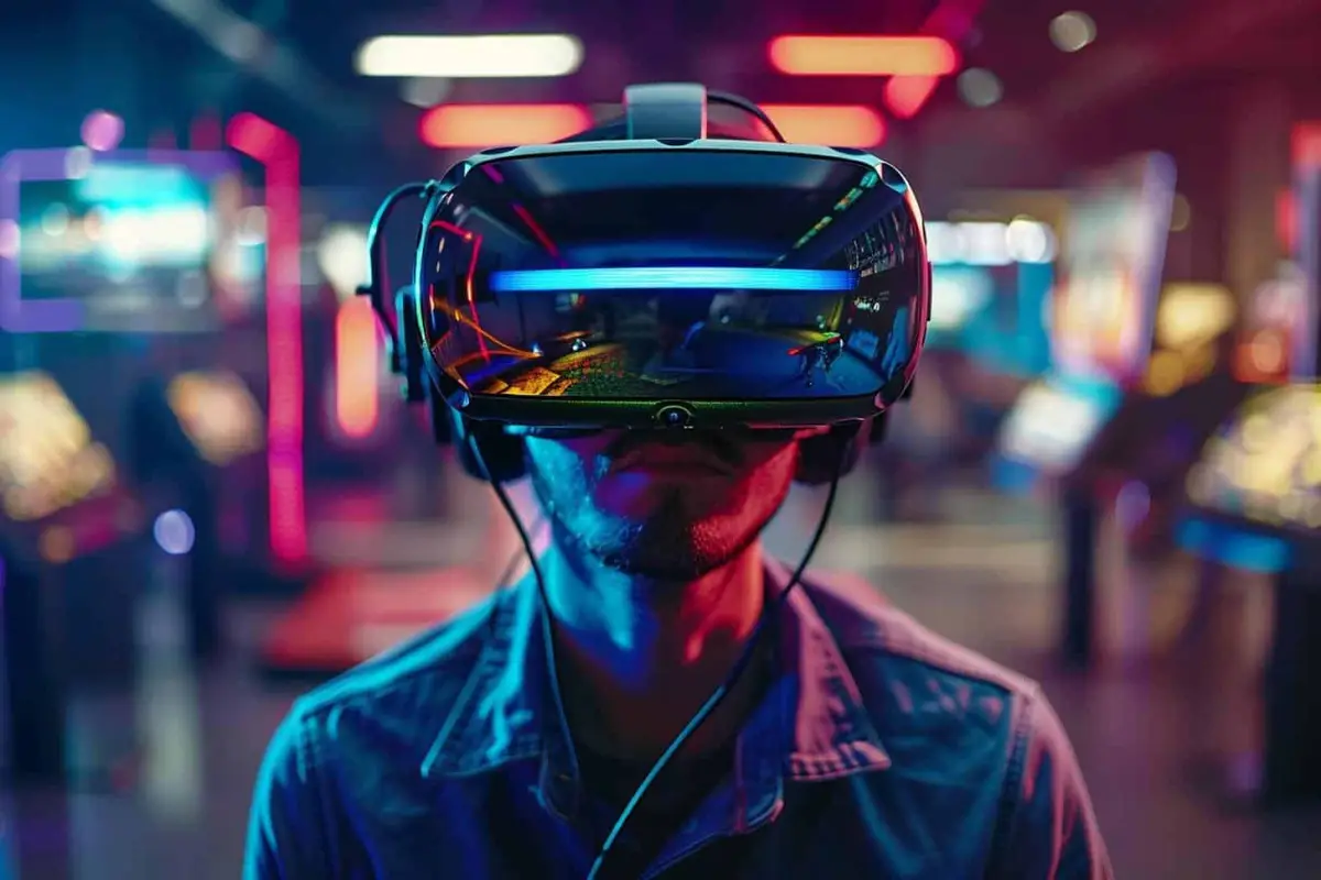 Joueur sur canapé avec manette, téléviseur et casque de réalité virtuelle