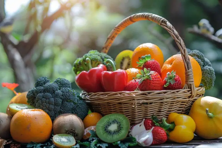 Poivrons, kiwis, fraises, brocoli et agrumes disposés sur une table de cuisine.