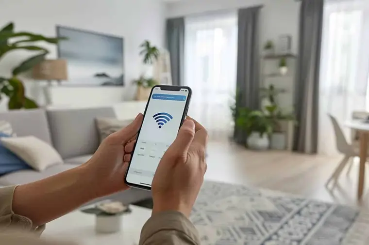 Box Internet installée en hauteur sur une étagère dégagée dans un salon