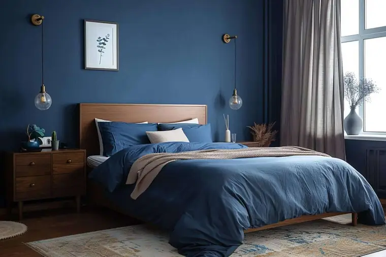 Chambre avec mur bleu nuit, linge écru et mobilier en chêne clair