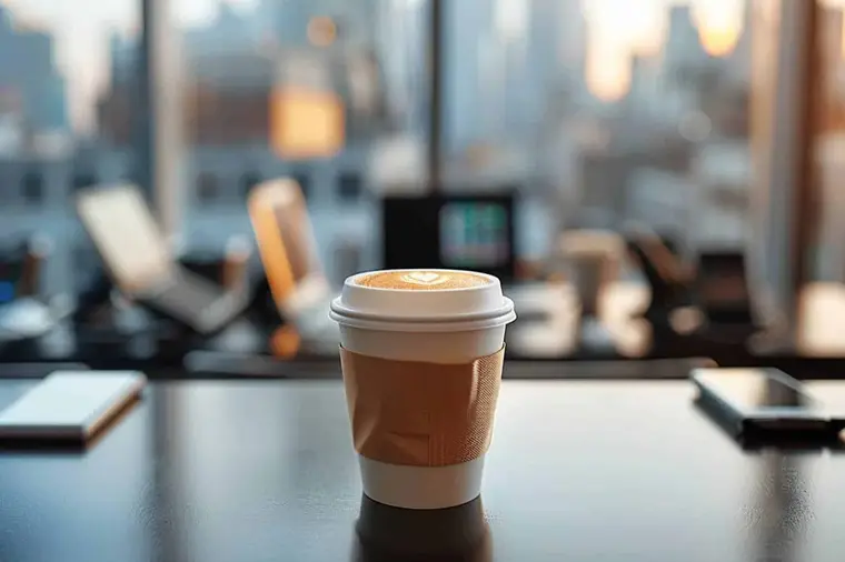 Collègues prenant une courte pause autour d’un espace café de bureau