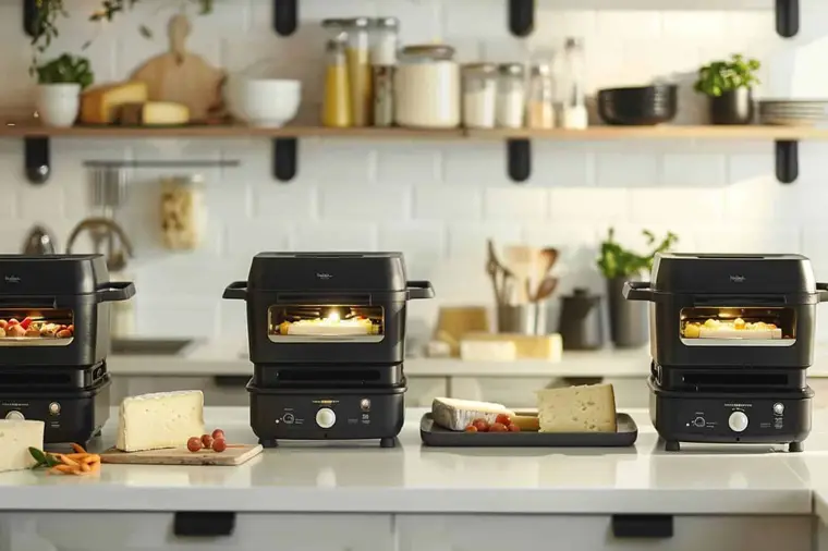 Appareil à raclette familial avec huit poêlons sur une table dressée