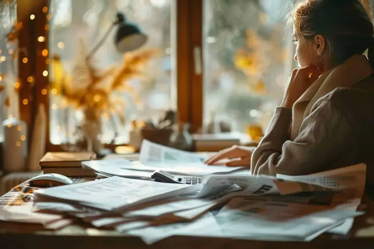 Personne comparant des échéanciers de prêts et un budget sur une table
