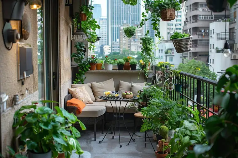 Balcon urbain étroit avec table rabattable, chaises pliantes et jardinières intérieures