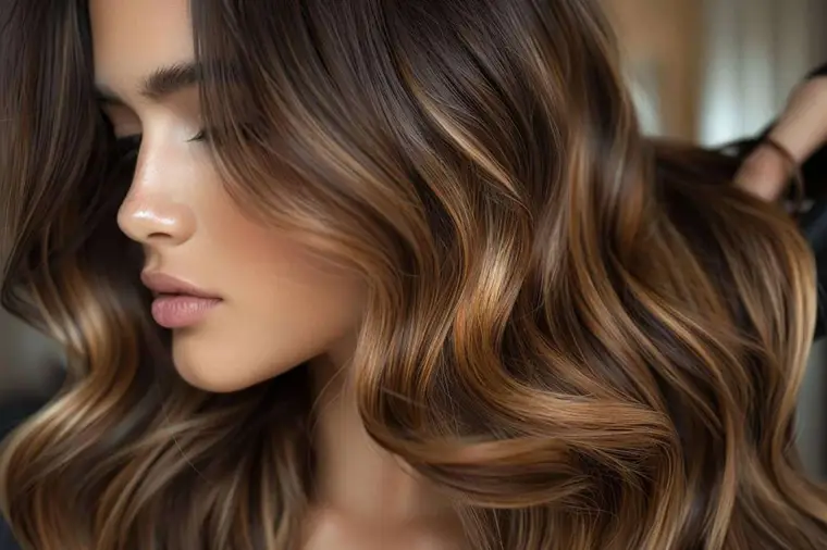 Chevelure brune aux longueurs caramel dans un dégradé ombré naturel