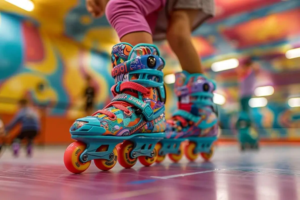 Enfant équipé de protections apprenant le roller sur un terrain plat
