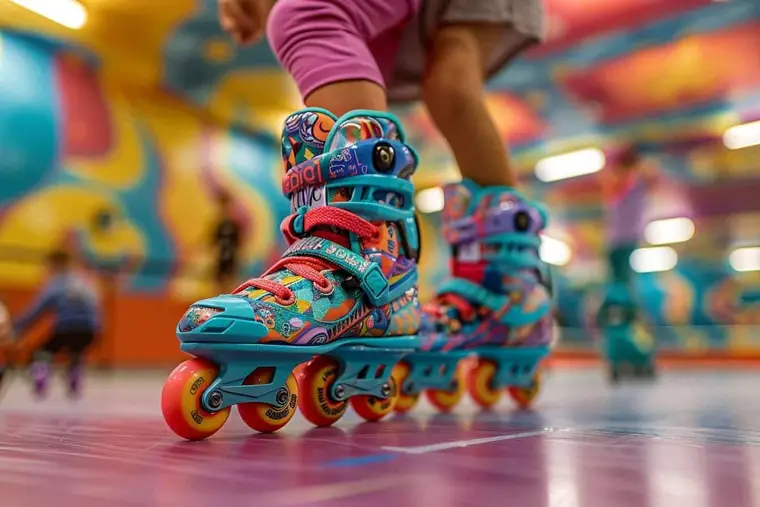 Enfant équipé de protections apprenant le roller sur un terrain plat