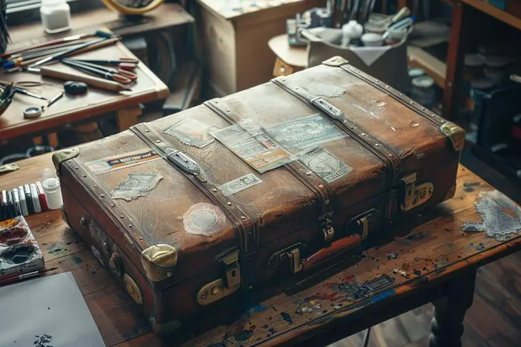 Main dessinant une valise à roulettes en perspective sur un carnet blanc