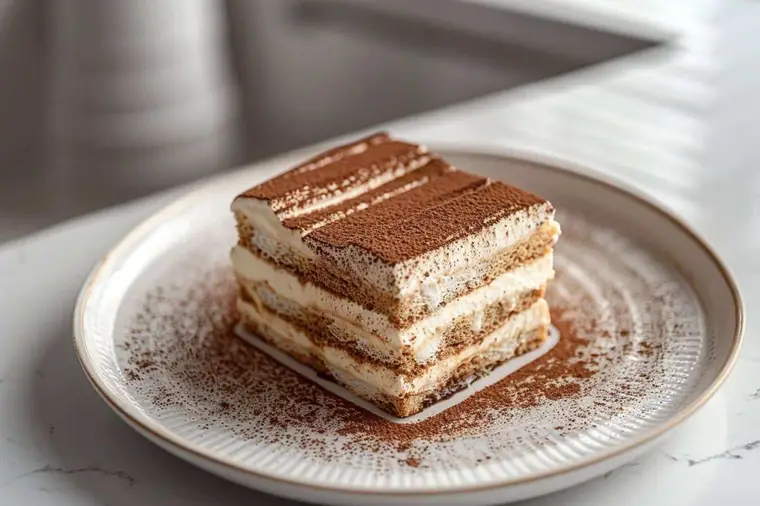 Tiramisu maison saupoudré de cacao dans un plat rectangulaire