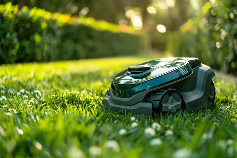 Robot tondeuse autonome sur une pelouse bordée de massifs et d’arbustes