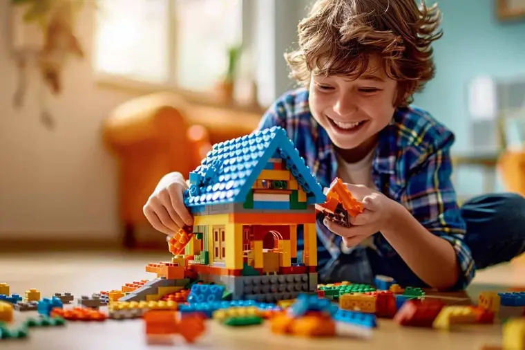 Mains assemblant une petite maison en briques de construction colorées