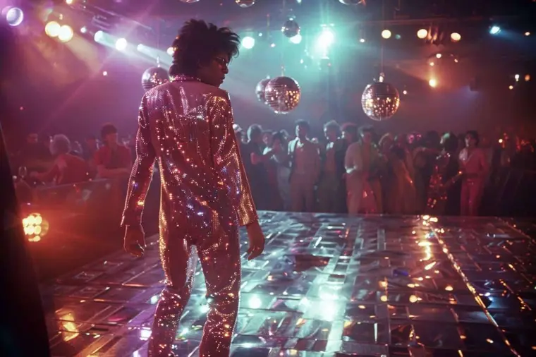 Chanteur disco sur scène sous une boule à facettes dans les années 1970