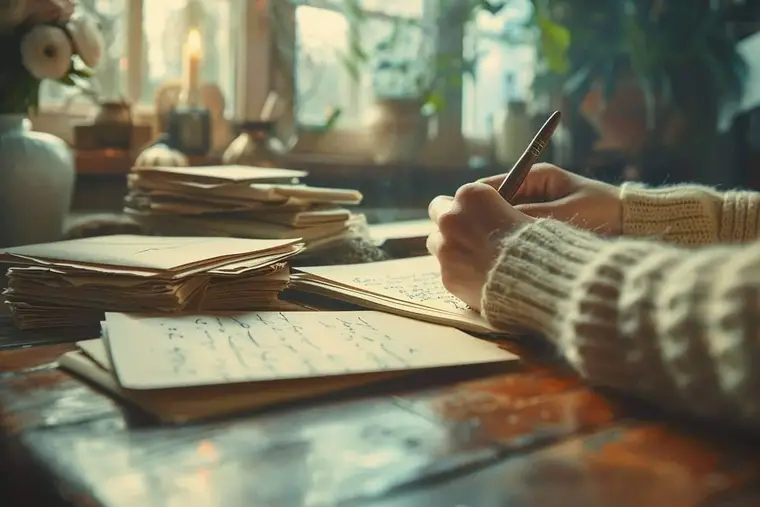 Une personne rédige une lettre personnelle à une table près d’une fenêtre
