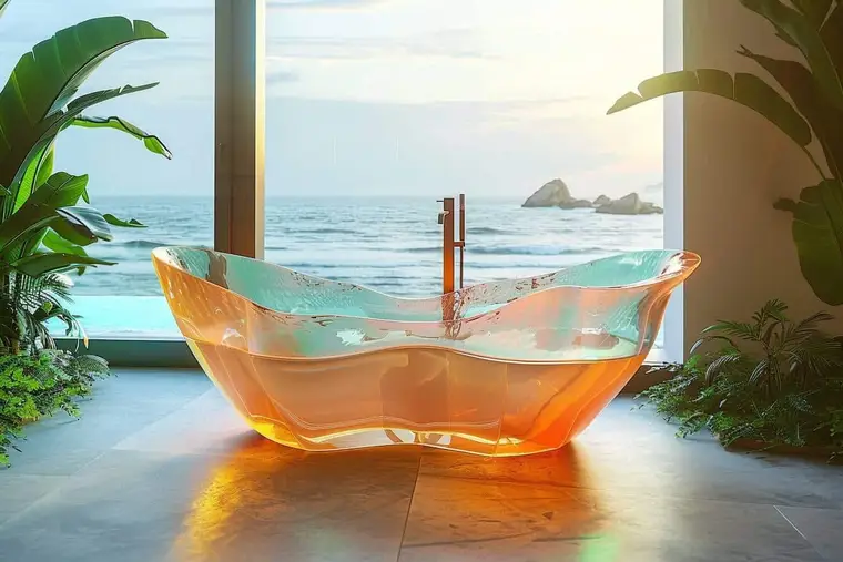 Baignoire ovale en composite minéral au centre d’une salle de bains lumineuse