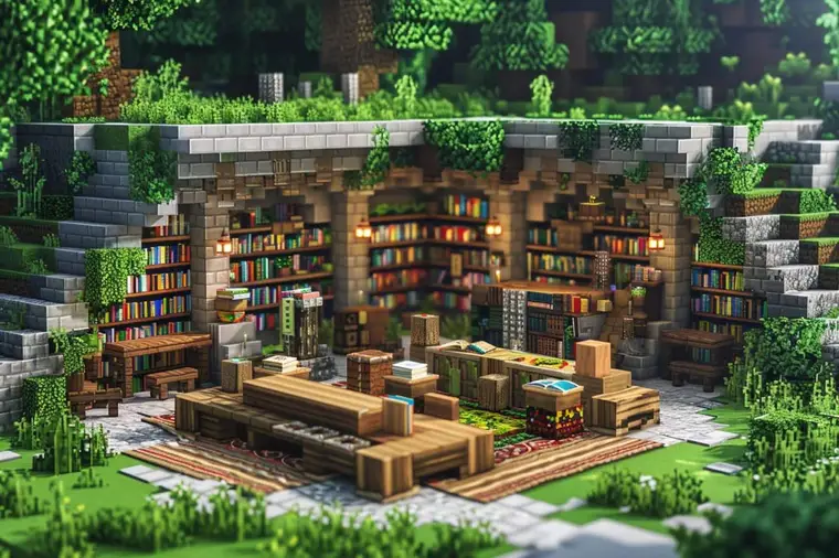 Bibliothèque Minecraft en bois avec étagères et table d’enchantement centrale