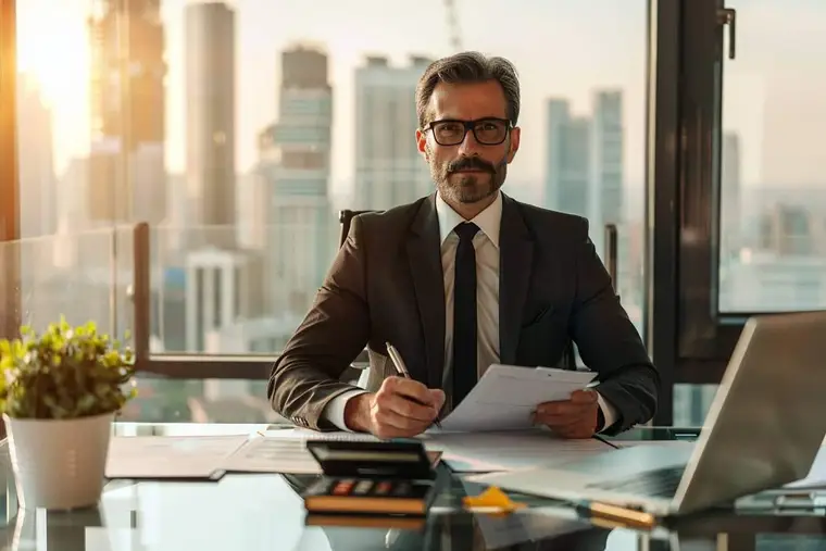 Expert immobilier examinant des plans et une maquette dans son bureau