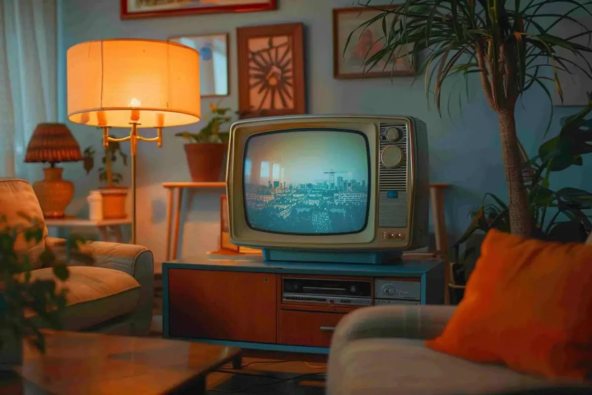 Personne choisissant une série télévisée vintage dans un salon chaleureux
