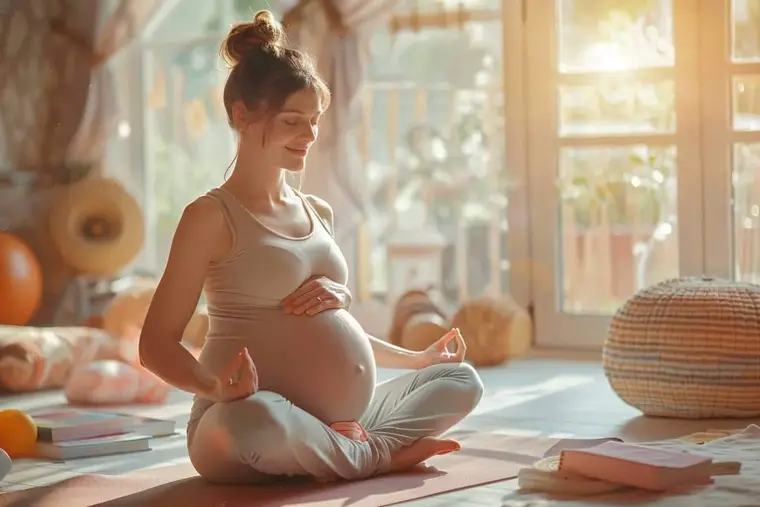 Femme enceinte faisant un exercice doux avec un coussin de soutien
