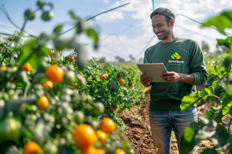 Agriculteur comparant des offres d’intrants au bord d’une parcelle céréalière