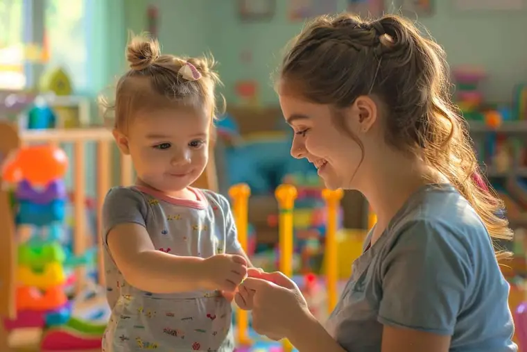 Assistante maternelle préparant un espace de jeux sécurisé dans son salon